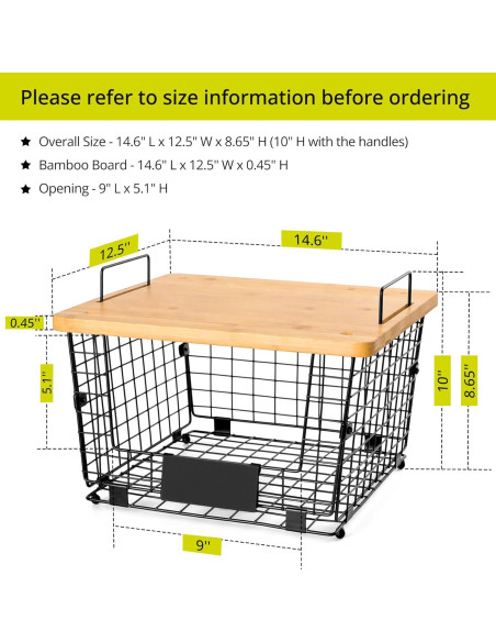 Cestas de Alambre Apilables XXL AOZITA con Tapa de Bambú