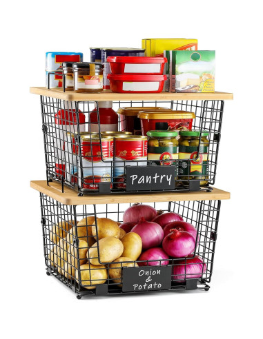 Cestas de Alambre Apilables XXL AOZITA con Tapa de Bambú