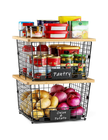 Cestas de Alambre Apilables XXL AOZITA con Tapa de Bambú