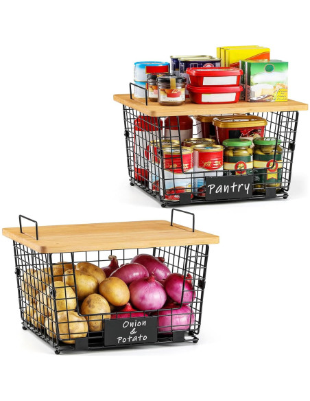 Cestas de Alambre Apilables XXL AOZITA con Tapa de Bambú