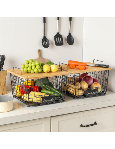 Cestas de Alambre Apilables XXL AOZITA con Tapa de Bambú