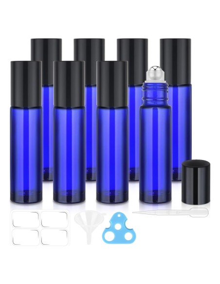 Paquete de 8 Botellas de Vidrio Azul 10ml Bofessor con Rodillo