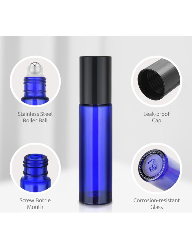 Paquete de 8 Botellas de Vidrio Azul 10ml Bofessor con Rodillo