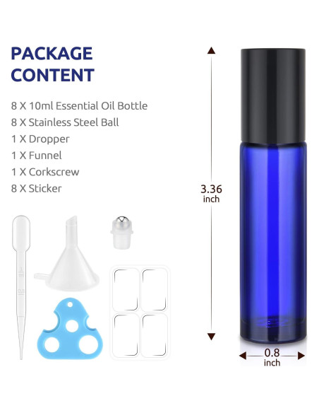 Paquete de 8 Botellas de Vidrio Azul 10ml Bofessor con Rodillo