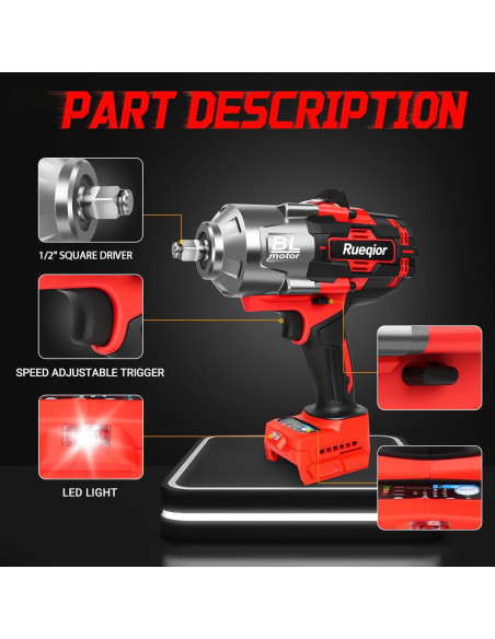 Llave de impacto inalámbrica 1/2" Rueqior 2000N.m para Milwaukee