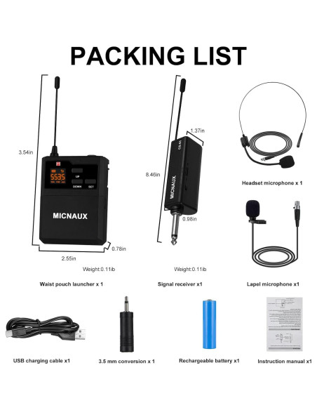 Sistema de micrófono lavalier inalámbrico MICNAUX X-108 80m