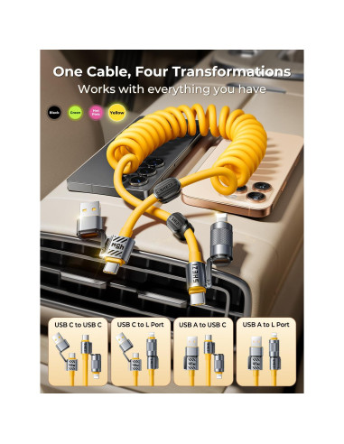 Cable Enrollado 4-en-1 Jixivor 45W USB C y Lightning 5FT