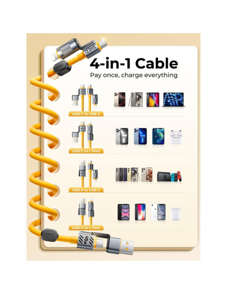 Cable Enrollado 4-en-1 Jixivor 45W USB C y Lightning 5FT