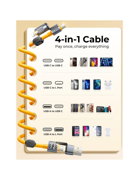 Cable Enrollado 4-en-1 Jixivor 45W USB C y Lightning 5FT