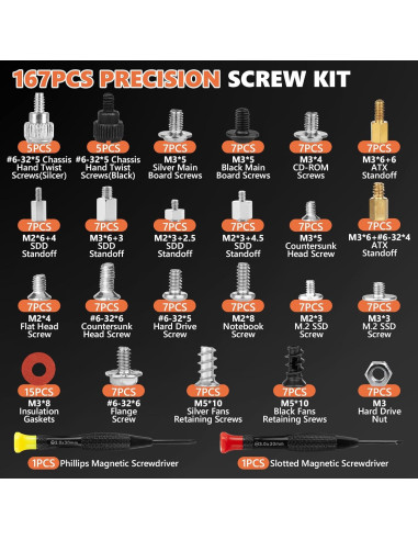 Kit de Tornillos para PC Kalote 167 Piezas M.2 SSD y ATX