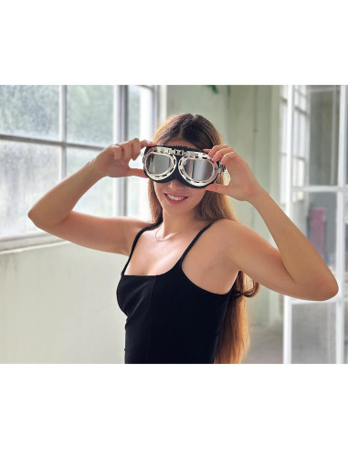 Gafas de Cosplay Steampunk Retro Piloto Negro Lente Transparente