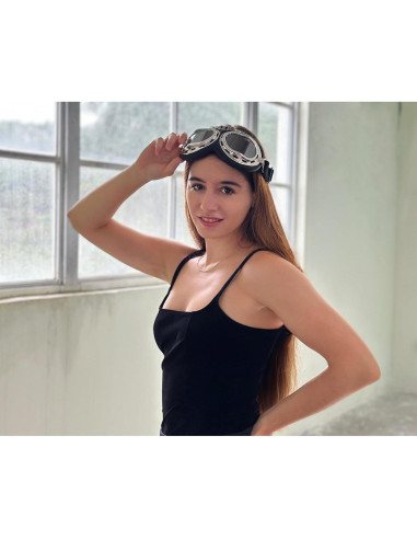 Gafas de Cosplay Steampunk Retro Piloto Negro Lente Transparente