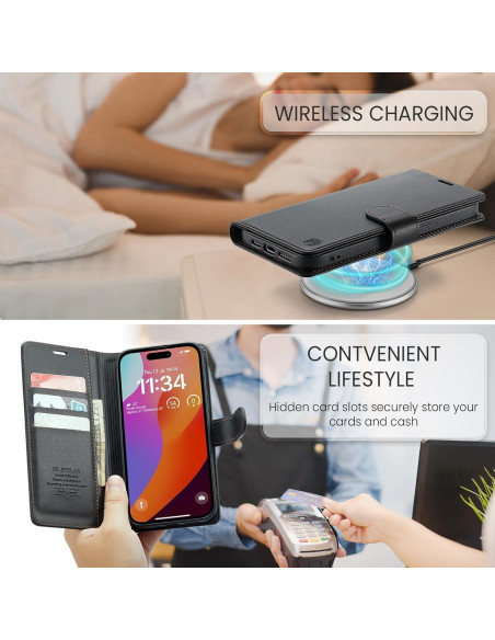 Funda billetera FLIPALM para iPhone 16 con bloqueo RFID - Negro