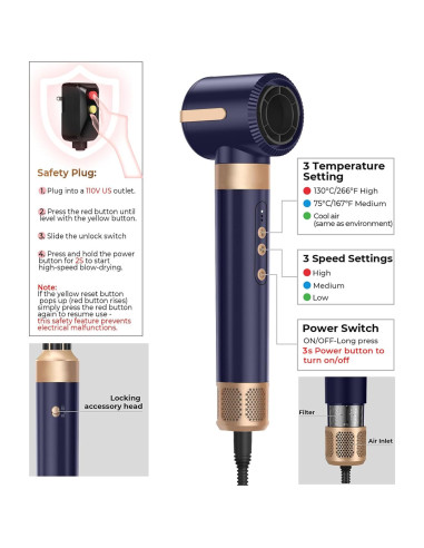 Cepillo Secador de Cabello UKLISS 7 en 1 110000 RPM Azul Dorado