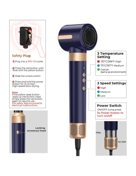 Cepillo Secador de Cabello UKLISS 7 en 1 110000 RPM Azul Dorado