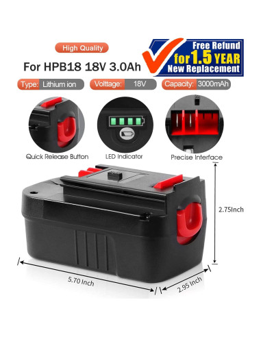 Batería de Litio TenHutt 18V 3.0Ah 2Pack para Black & Decker