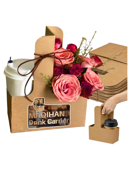 Portavasos de Cartón Kraft MAQIHAN para 2 Tazas con Asa - 20 Piezas