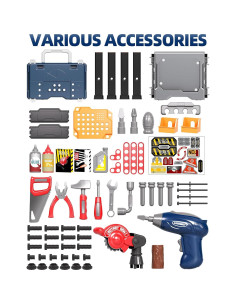 Banco de herramientas para niños Deejoy, taladro eléctrico y caja 2