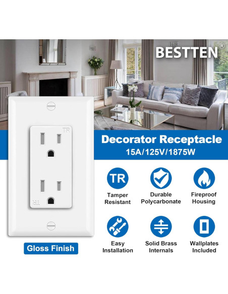 Tomas Decorativas BESTTEN 15A 100 Unidades a Prueba de Manipulación