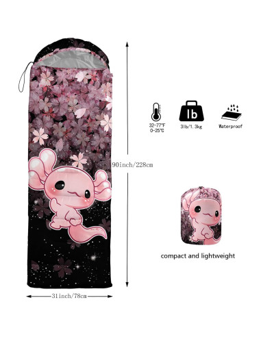 Saco de Dormir QOOMO Axolotl Cherry Blossom 3 Temporadas 229x79cm