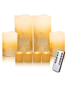 Juego de 8 Velas LED Doradas a Batería con Control Remoto