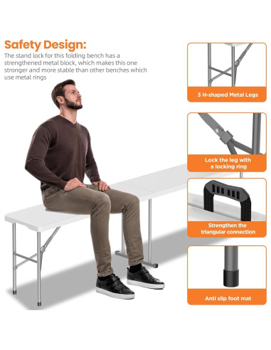 Banco Plegable HLPB 1.83 m HDPE Blanco Portátil 2 Pcs