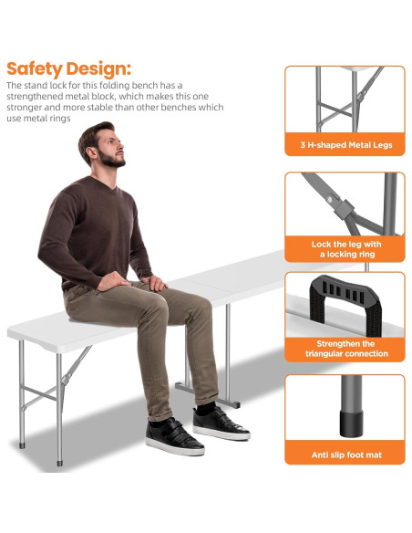 Banco Plegable HLPB 1.83 m HDPE Blanco Portátil 2 Pcs