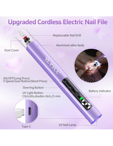 Lijadora de Uñas Eléctrica Inalámbrica YLYYCC con Lámpara UV