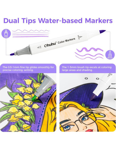 Marcadores Ohuhu 60 Colores a Base de Agua Doble Punta