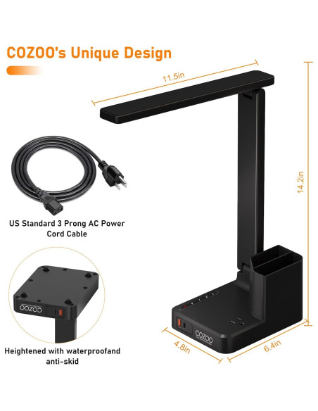 Lámpara de Escritorio LED COZOO con Carga USB y Toma AC