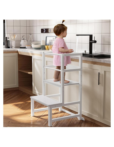 Escalera de Cocina Ajustable INNOD para Niños Pequeños - Blanco