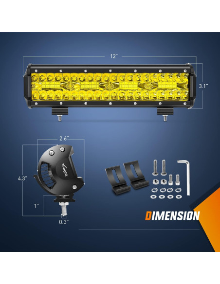 Barra de Luz LED Ámbar Nilight 30.48 cm 240W IP67 con Cableado