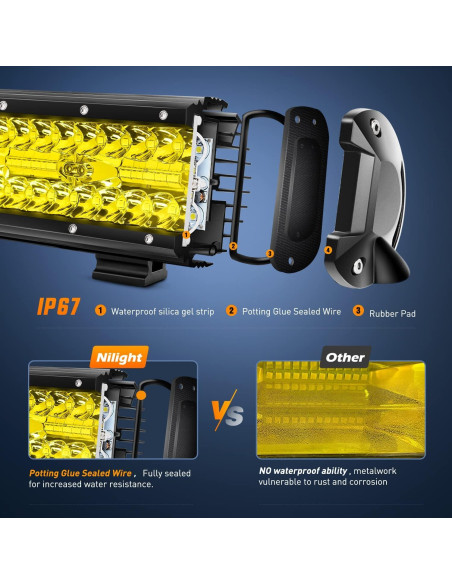 Barra de Luz LED Ámbar Nilight 30.48 cm 240W IP67 con Cableado