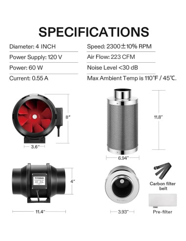 Kit de Ventilación VIVOSUN 4" con Ventilador 190 CFM y Filtro