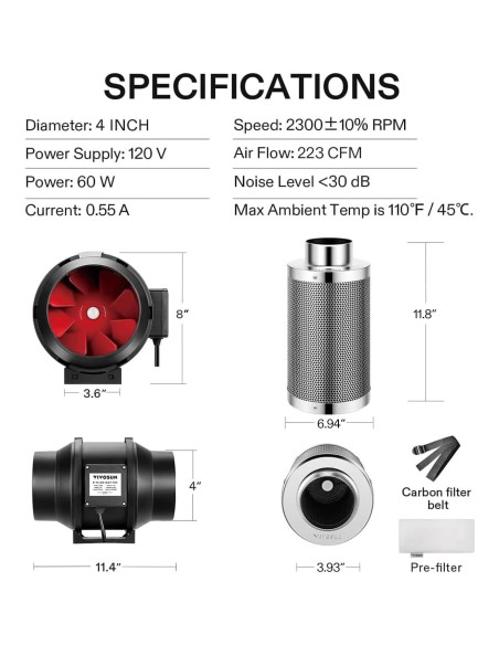 Kit de Ventilación VIVOSUN 4" con Ventilador 190 CFM y Filtro