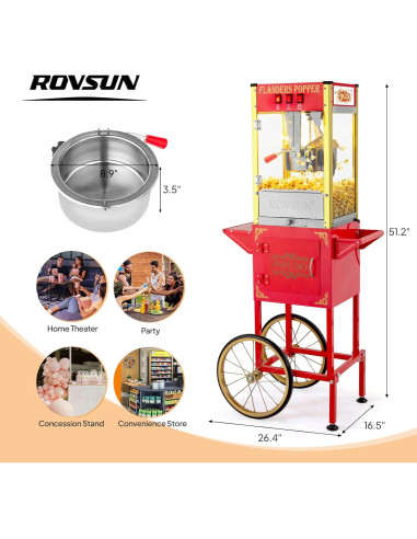 Máquina de Palomitas ROVSUN 8 Onzas con Carrito y Ruedas