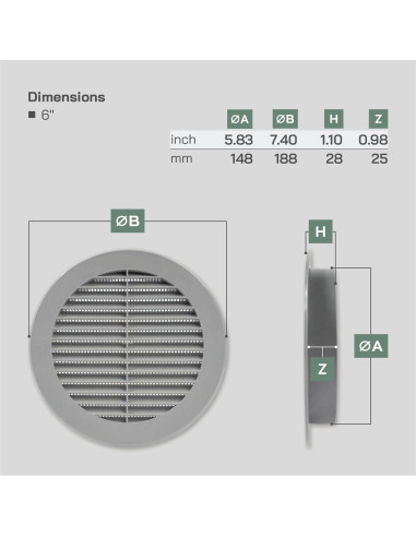 Cubierta de Ventilación Soffit Gris 15.24 cm - Rejilla con Malla