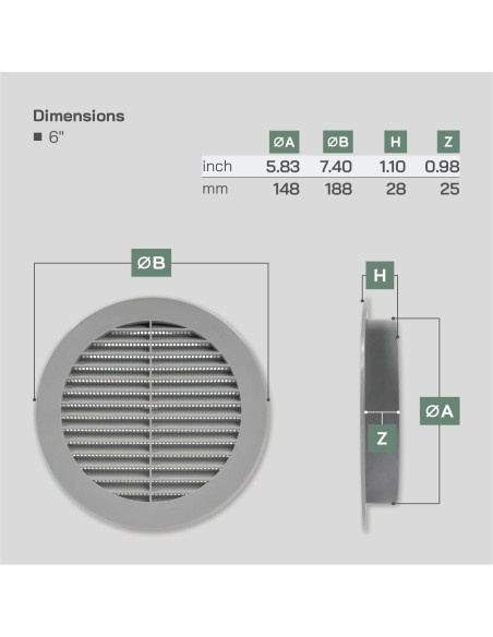 Cubierta de Ventilación Soffit Gris 15.24 cm - Rejilla con Malla