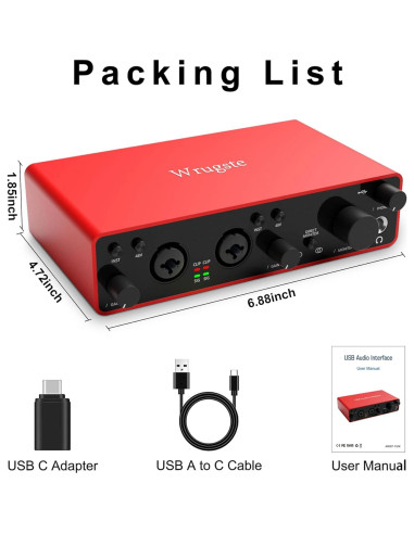 Interfaz de Audio USB Wrugste 24Bit/192kHz con Phantom 48V