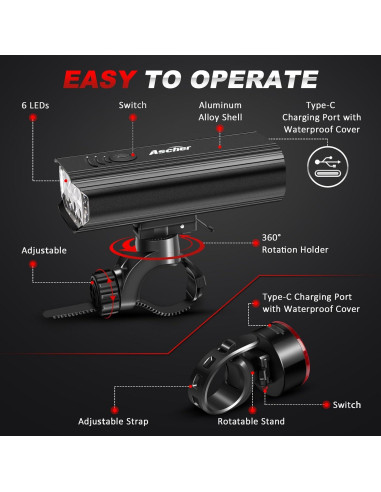 Luz de Bicicleta Ascher Recargable USB 1000 Lúmenes Delantera y Trasera