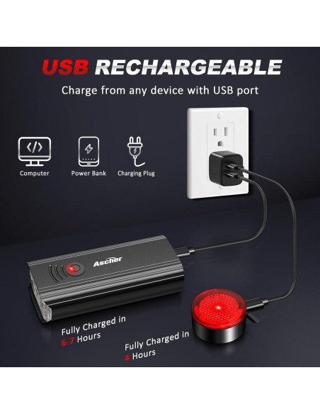 Luz de Bicicleta Ascher Recargable USB 1000 Lúmenes Delantera y Trasera