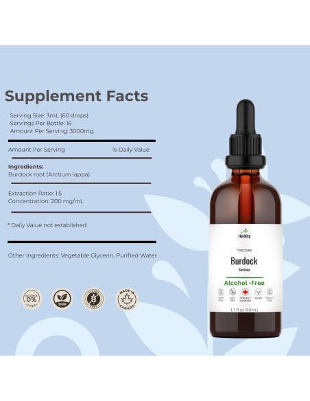 Tintura de raíz de bardana Herbity 50 ml - Sin alcohol, vegano