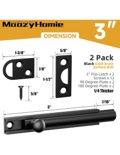 Cerradura de Tornillo Deslizante de Latón Sólido 8 cm Negra - 2 Pzas 2