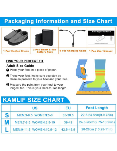 Zapatillas calefaccionadas Kamlif RTX-DR08L 5V para hombres y mujeres