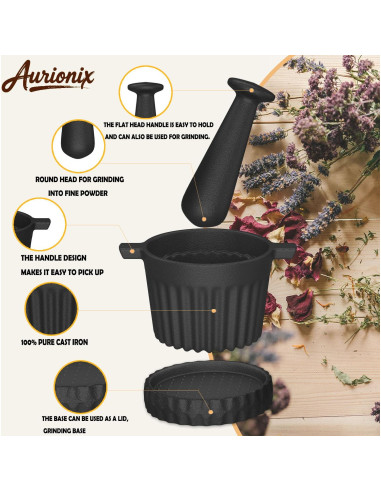 Juego de Mortero y Mano de Hierro Fundido Aurionix 3-en-1