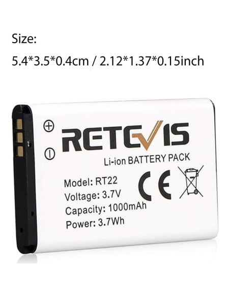 Batería Li-ion Retevis RT22 RT22S RT15 RT19 3.7V 1000mAh (2 Piezas)