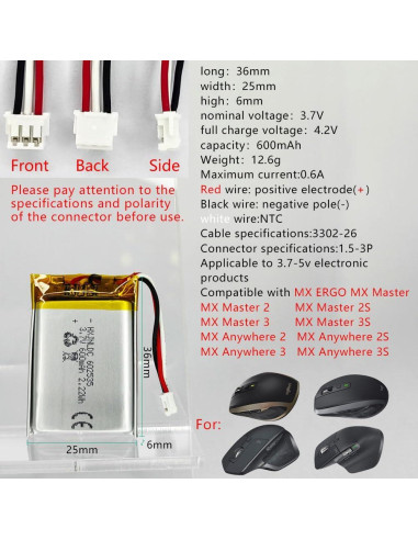 Batería recargable 3.7V 600mAh HXJN 602535 para Logitech
