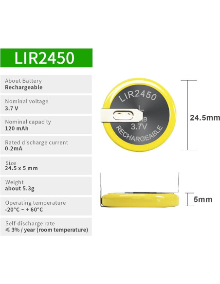 Batería Recargable LIR2450 EEMB 120mAh 3.7V x5 con Pestañas