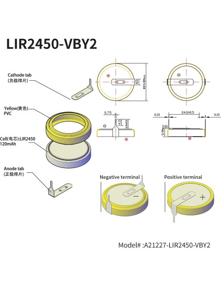 Batería Recargable LIR2450 EEMB 120mAh 3.7V x5 con Pestañas