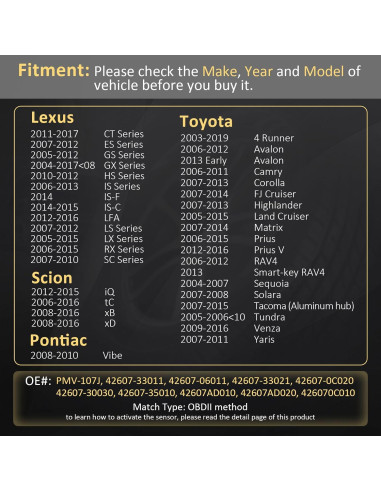 Sensor TPMS Marsflex PMV-107J 4 Pcs Compatible Toyota Lexus